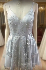 Silver Sequin Lace V Neck Tulle Homecoming Dresses Short Evening Prom Gowns