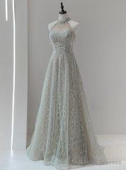 Silver Sequins Halter Beading Prom Dress