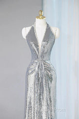 Silver Sequins Sheath V-Neck Long Evening Prom Dresses Shiny Evening Dresses