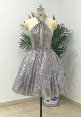 Silver Sexy Halter Sequined Backless Short Homecoming Dresses, Sparkly Party Dresses