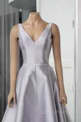 Silver V-Neck Satin Midi Dresses