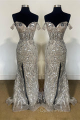 Fuchsia Off-Shoulder Sequined Floral Mermaid Long Evening Prom Dresses with Slit