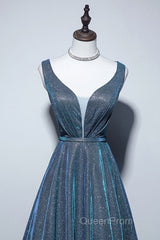 Simple A-Line Blue Long Evening Prom Dresses, Blue Formal Dresses