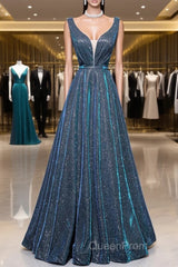 Simple A-Line Blue Long Evening Prom Dresses, Blue Formal Dresses