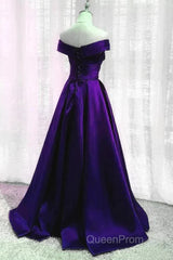 Simple A Line Off The Shoulder Purple Satin Long Evening Prom Dresses