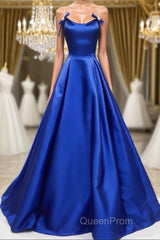 Simple A Line Royal Blue Satin Long Evening Prom Dresses, Royal Blue Formal Dresses, Cheap Royal Blue Evening Dresses