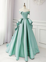 Simple A-Line Satin Blue Long Evening Prom Dresses, Blue Satin Long Formal Dresses