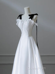 Simple A-Line Satin White Long Evening Prom Dresses, White Long Formal Dresses