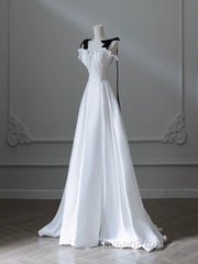 Simple A-Line Satin White Long Evening Prom Dresses, White Long Formal Dresses