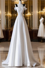 Simple A-Line Satin White Long Evening Prom Dresses, White Long Formal Dresses