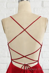 Simple A Line Spaghetti Straps Burgundy Long Prom Dress with Cirss Cross Back