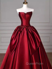 Simple A Line Strapless Burgundy Floor Length Evening Prom Dresses