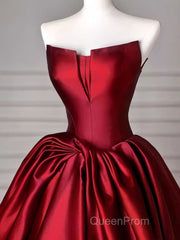 Simple A Line Strapless Burgundy Floor Length Evening Prom Dresses
