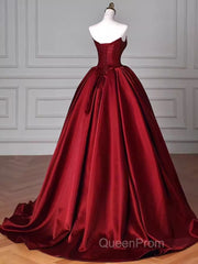 Simple A Line Strapless Burgundy Floor Length Evening Prom Dresses