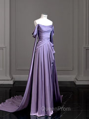 Simple A Line Strapless Sleeveless Satin Lilac Evening Prom Dresses Long Evening Prom Dresses