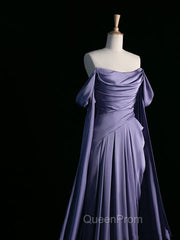 Simple A Line Strapless Sleeveless Satin Lilac Evening Prom Dresses Long Evening Prom Dresses