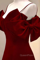 Simple A Line Straps Red Satin Long Evening Prom Dresses