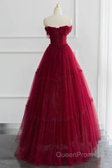Simple A-Line Tulle Burgundy Long Evening Prom Dresses