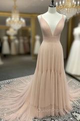 Simple A Line Tulle Champagne Long Evening Prom Dresses, Champagne Evening Dresses