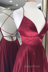 Simple A Line V Neck Backless Burgundy Long Evening Prom Dresses, Backless Burgundy Formal Graduation Evening Dresses