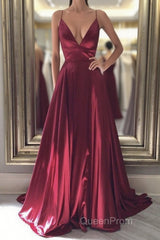 Simple A Line V Neck Backless Burgundy Long Evening Prom Dresses, Backless Burgundy Formal Graduation Evening Dresses