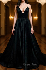 Simple A Line V Neck Black Satin Long Evening Prom Dresses, Black Formal Dresses, Evening Dresses 2019