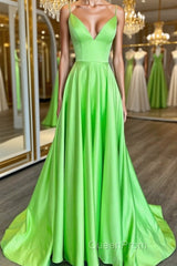 Simple A Line V Neck Green Satin Long Evening Prom Dresses, V Neck Green Formal Graduation Evening Dresses