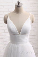 Simple A Line V Neck White Wedding Dresses, V Neck White Tulle Evening Prom Formal Dresses
