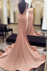 Simple Backless Mermaid Pink Evening Prom Dresses For Teens, Pink Evening Dresses