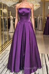 Simple Backless Purple Satin Long Evening Prom Dresses, Backless Purple Formal Dresses, Purple Evening Dresses