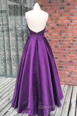 Simple Backless Purple Satin Long Evening Prom Dresses, Backless Purple Formal Dresses, Purple Evening Dresses