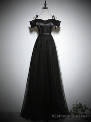 Simple Black Tulle Satin Spaghetti Straps Button Prom Dress