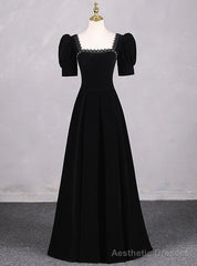Simple Black Velvet Short Sleeve Square Neck Prom Dress