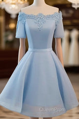 Simple Blue Lace Short Evening Prom Dresses, Bridesmaid Dresses