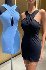 Simple Blue Tight Cross Front Short Cocktail Dresses