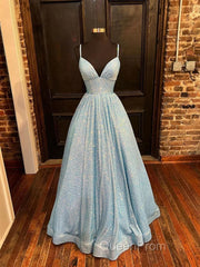 Simple Blue V Neck Sequin Long Evening Prom Dresses,A Line Blue Evening Dresses