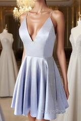 Simple blue v neck short Evening Prom Dresses, blue homecoming Dresses