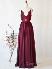 Simple burgundy chiffon lace long Evening Prom Dresses, burgundy evening Dresses