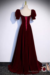 Simple Burgundy Long Velvet Prom Dress with Short Sleeves