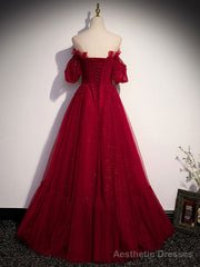 Simple Burgundy Tulle Long Prom Dress, A line Burgundy Evening Dresses
