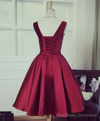 Simple Burgundy V Neck Short Prom Dress, Burgundy Evening Dress