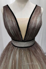 Simple Coffee tulle sequin long Evening Prom Dresses coffee evening Dresses