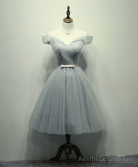 Simple Gray Tulle Short Prom Dress, Gray Tulle Bridesmaid Dress