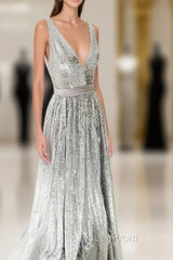 Simple Gray V Neck Sequin Long Evening Prom Dresses Gray Evening Dresses