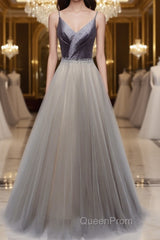 Simple gray v neck tulle long Evening Prom Dresses, gray tulle formal Dresses