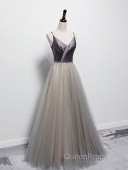 Simple gray v neck tulle long Evening Prom Dresses, gray tulle formal Dresses