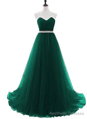Simple Green Beaded Waist Tulle A-line Floor Length Party Dress, Green Formal Dress
