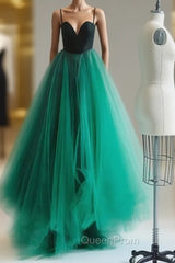 Simple Green Tulle Long Evening Prom Dresses, Green Evening Dresses