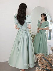 Simple Green V Neck Satin Short Evening Prom Dresses, Green Evening Dresses