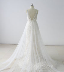 Simple Long A-line V Neck Tulle Wedding Dresses